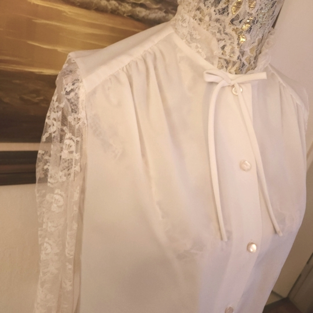 Vintage 1970s High Collared White Lacy Button Blouse by Lee Mar Pageant